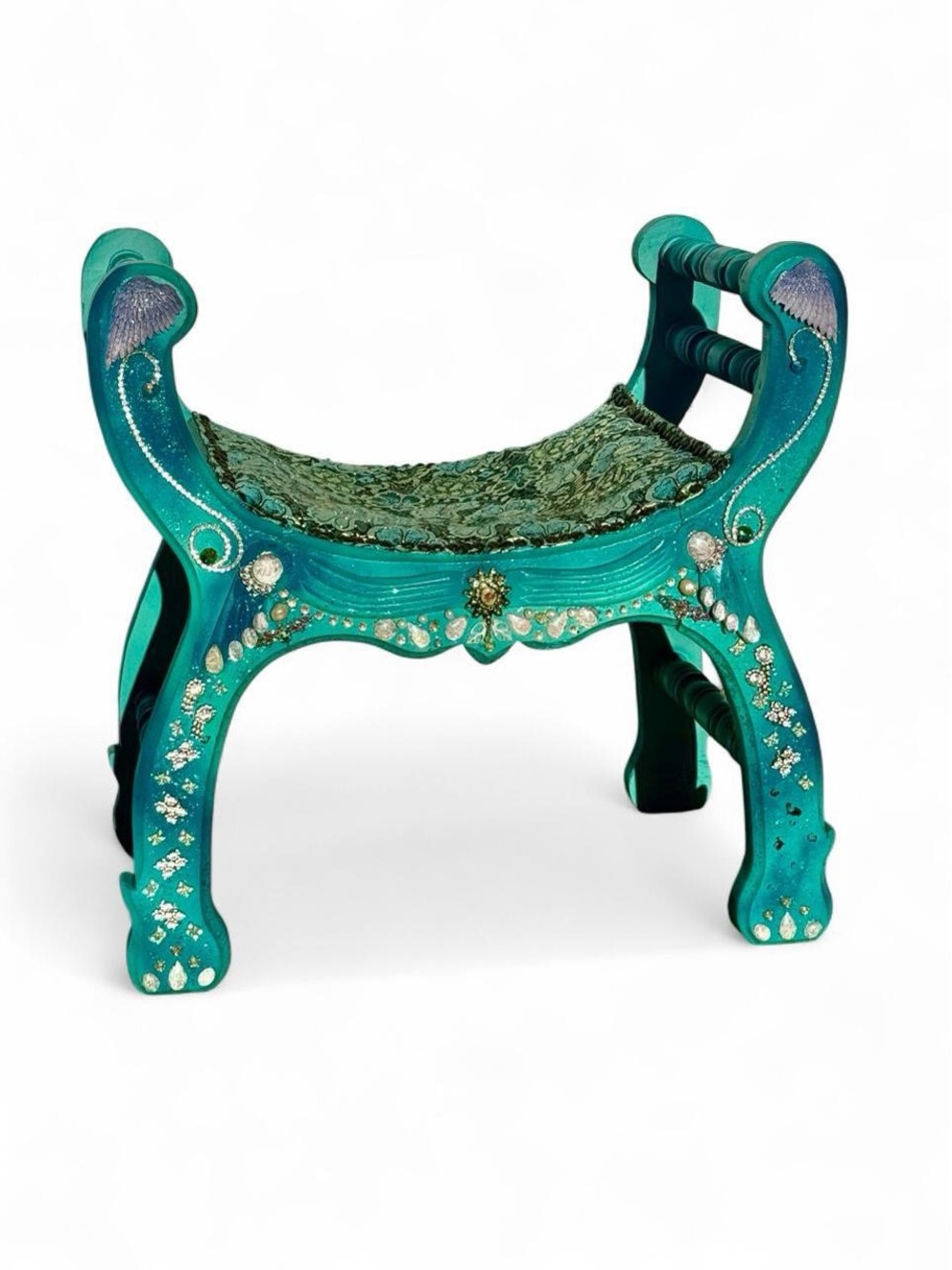 Vintage 1960s Mexican Carved Wood Gondola Bench art deco stool vanity chair
